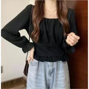 여사친 여친 스퀘어넥 데일리 정장 셔링 상의 긴팔 오픈 블라우스 예쁜 숄드 셔츠