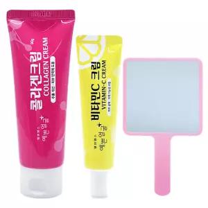 웰빙헬스 예쁜얼굴 비타민C 크림 튜브형 25g+콜라겐 크림 90g+핑크 손거울 광채 미백 피부탄력 웰빙헬스 예