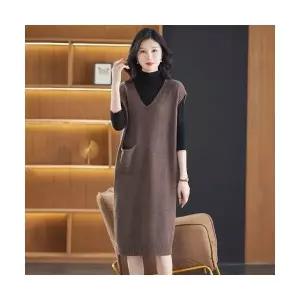 여자 코디 민소매 원피스 춘추 니트 풀오버 조끼 일자 스커트 브이넥 스웨터 롱 무릎 위 SPO마켓3