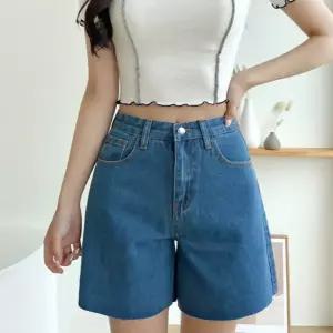 하이웨스트 데님 반바지 A라인 와이드 청반바지 3부 연청