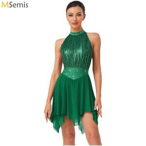 여성호환용 리리컬 댄스 레오타드 드레스 주름진 메탈릭 메쉬 라인스톤 바디수트 민소매 피겨 스케이팅 모