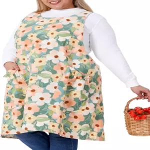 VIKIDEER 여성용 편안한 대형 플러스 사이즈 앞치마 크로스백 플로럴 코튼 린넨