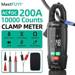 MASTFUYI FY375 디지털 클램프 멀티미터 전기 기술자용 교류/직류 600V/200A 9999 카운트 트루 RMS 저항 및