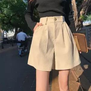 바지 여성용 캐주얼 여름 반 밴딩 빅사이즈 A라인 와이드 코듀로이 반바지 허리 슬림핏 하이웨스트 5부 BE1