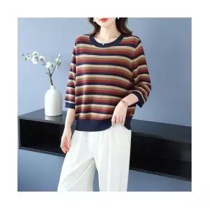 여사친 니트 캐주얼 롱루즈핏티 스트라이프 오버사이즈 티 박시 상의 칠부 KS1