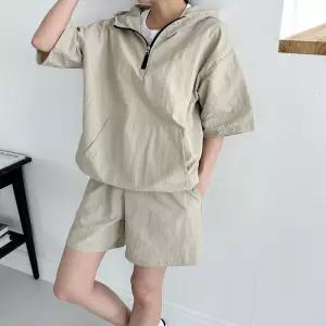 여자 타슬란 아노락 후드 반팔 반바지 트레이닝 세트 wvd8+5HPD