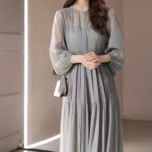 [하프클럽/휴드]MARIO플리츠 퍼프 시스루 원피스_250420_SJ350