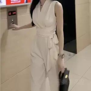 팬츠 린넨멜빵바지 흰색점프수트 여성용 긴팬츠 와이드