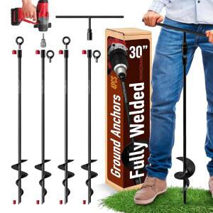 [미국배송] 30인치 그라운드 앵커 헤비 듀티 나사 삽입 - 완전히 용접된 어스 4개 키트 스윙 세트 헛간 트램펄린 캐노피 트리 텐트를 위한 긴 나선형 타이 다운 스테이크 강풍 샌드 오거
