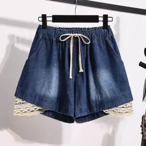 바지 청 여사친 빅사이즈 청바지 청반바지 와이드 밴딩 레이스 근통 반바지 BE1