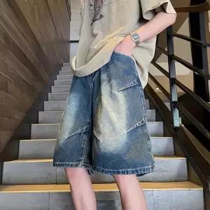 빈티지 캐주얼 팬츠 남성용 청 와이드 청반바지 하이스트리트 일자 워싱 스타일 CH1