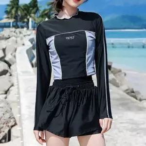 하이웨스트 크롭 캡내장형 세트 비치웨어 래쉬가드