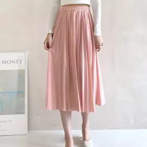 여자 쉬폰원단 세로주름 플리츠 스타일 미디움 스커트 QNQ6+9ZEc