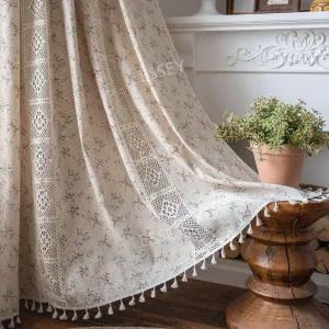 잔꽃 포인트 커튼 초록 뜨개 수술 커텐