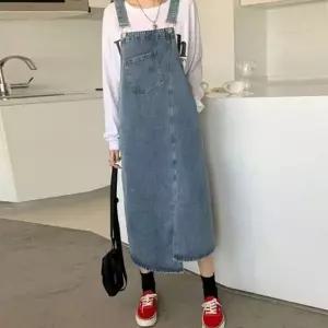 멜빵스커트 트임 언발란스 데님 편한 청원피스 데일리멜빵