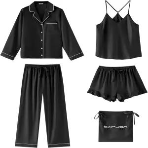 새틴 실크 파자마 여성용 세트 5PCS 클래식 버튼 다운 상의와 바지 카미 및 러플 반바지 슬립웨어