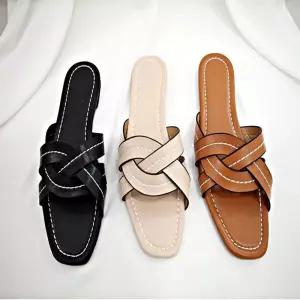 여성 여름 꼬임 매듭 스트랩 슬리퍼 스퀘어 편한 뮬 TYq6+9Uzp