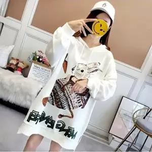 여자 데일리 편한 루즈핏 래빗 롱 후드 긴팔 티셔츠 (KYR-WB126C6)