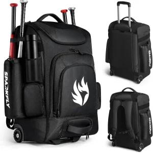 SPARKFLY 롤링 야구 가방 숨겨진 배낭 끈이 달린 바퀴 배트 슬리브 4개 음료 포켓 2개 신발 수납 공간