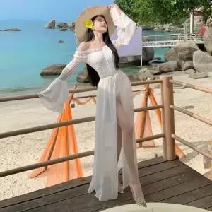 원피스 여성용 어깨 바캉스룩 셔링 쉬폰 롱스커트 프렌치 일자 KS1