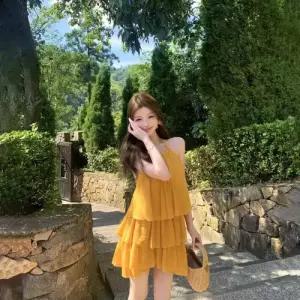 원피스 치마 옐로우 여친 쉬폰 홀터넥 멜빵 윈난 해변 바캉스룩 플레어 KS1