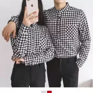 BS 시밀러 커플 헨리넥 깅엄체크 셔츠