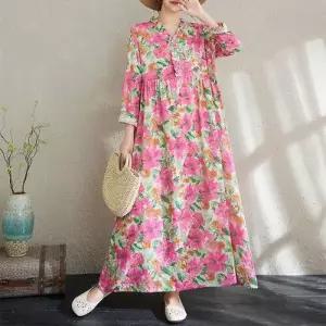 원피스 여친 빈티지 캐주얼 면마 프린트 조추 플라워 긴팔 KS3