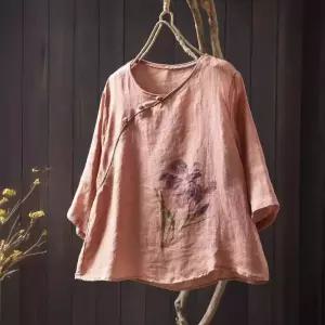 빈티지 여자 러블리 롱루즈핏티 앤티크룩 사선 집게 모시 칠부 셔츠 루즈핏 라운드 풀오버 DUCHI5