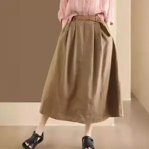 캐주얼 치마 스커트 여친 롱 데일리 스타일 단색 A라인 린넨 레트로 벨트 편안한 SPO마켓1
