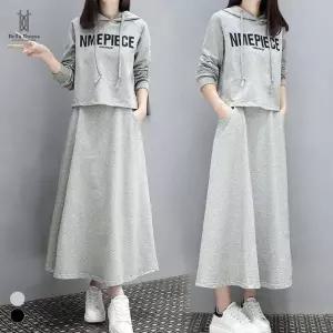 벨라도나 사계절 여성 캐주얼 후드티셔츠+A라인 롱스커트 투피스셋업 사이드주머니 Bon-2609