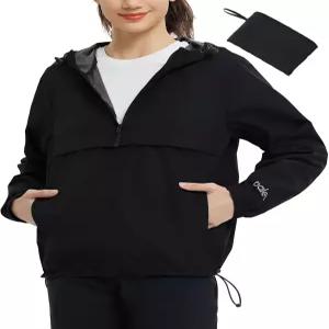발레프 여성 레인 재킷 방수 경량 패커블 윈드브레이커 후드 1/4 지퍼 레인코트 아웃도어용