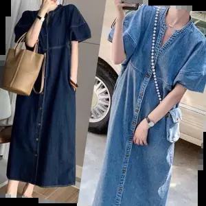 린넨원피스 데님 롱원피스 앞 브이트임 가오리핏 절개 스티치