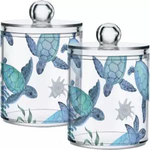 알라자 욕실 용기 세트 2개 비치 코스트 터틀 플라스틱 병 홀더 디스펜싱 큐팁 보관 뚜껑 홈 데코