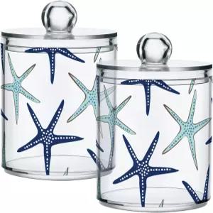 욕실 캐니스터 2종 세트 비치 코스트 불가사리 네이비 블루 및 터쿼이즈 플라스틱 병 홀더 디스펜싱 뚜껑