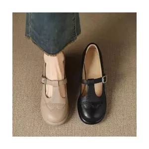 여성용 하이힐 프렌치 라운드 통굽 메리제인 단화 펌프스 티 스트랩 진가죽 스몰 구두 CH5