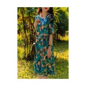 여성용 플라워 원피스 롱 누에실크 프린트 복고풍 루즈핏 봄가을 에스닉 스커트 CH1