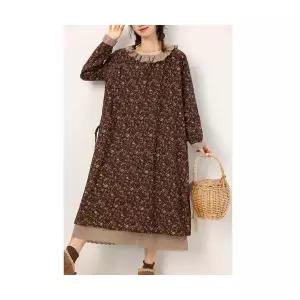 여성용 플라워 원피스 롱스커트 롱 면마 긴팔 프로방스 루즈핏 가을 CH3