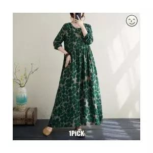 여성용 플라워 원피스 바캉스풍 롱스커트면마 라운드넥 빈티지 봄가을 CH3