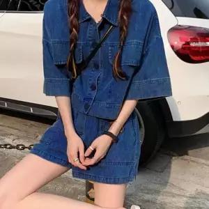 여름 데님 캐주얼 여성 쇼츠 데님 반바지 코디 웨스트 투피스 상하의 자켓 셔츠 상의 반팔 하이 밴딩 셋업