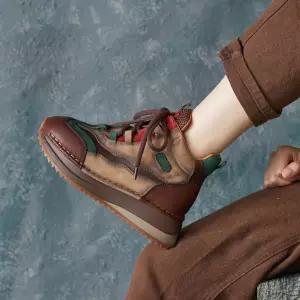 여자 플랫워커 슈즈 가을 소가죽 라운드 배색 스트랩 키높이 하이탑 캐주얼 기모 BE3