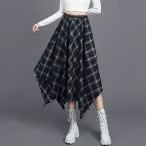 데일리 중기장 A라인 슬림핏 언밸런스 허리가 체크 밴딩 치마 여사친 롱 가을 빈티지 SPO마켓3