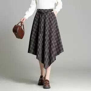 빈티지 가을 스커트 여성용 롱 언밸런스 데일리 중기장 볼륨 A라인 체크 SPO마켓3