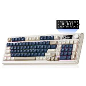 AULA S99 프로 무선 키보드, 게이밍 키보드 미디어 노브 커스텀 RGB 백라이트, 윈도우 /MAC /PC 게이머용 3모드 BT /2.4G /USB-C 멤브레인 귀여운 크리미 - 블루 화이트