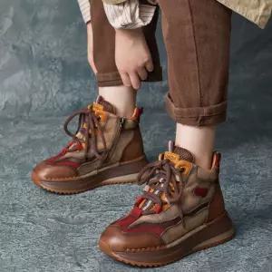 엘럽 여성 캐주얼 가을 라운드 플랫워커 하이탑 키높이 소가죽 슈즈 기모 배색 스트랩 박템3