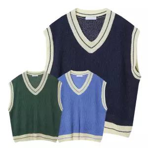 [리빌모아]남자 간절기 오버핏 배색 브이넥 니트 베스트 AC-VES-Q014