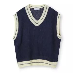 [리빌모아]남자 간절기 오버핏 배색 브이넥 니트 베스트 AC-VES-Q014-네이비