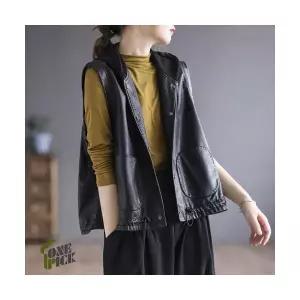 여성용 조끼 민소매 후드 코트 가디건 가을겨울 PU가죽 CH1