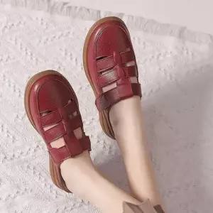 하계 캐주얼 앤티크 여자신발 임산부 순가죽 소가죽 라운드 샌들 스트랩 미끄럼 방지 플랫 펀칭 슬리퍼 원