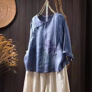 여자 빈티지 루즈핏 사선 롱루즈핏티 라운드 셔츠 풀오버 칠부 집게 앤티크룩 모시 CH5