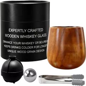 리오이피르 숯불 우드 위스키 잔 5온스 - 스테인리스 스틸 아이스 볼 실리콘 몰드 및 집게가 포함된 나무